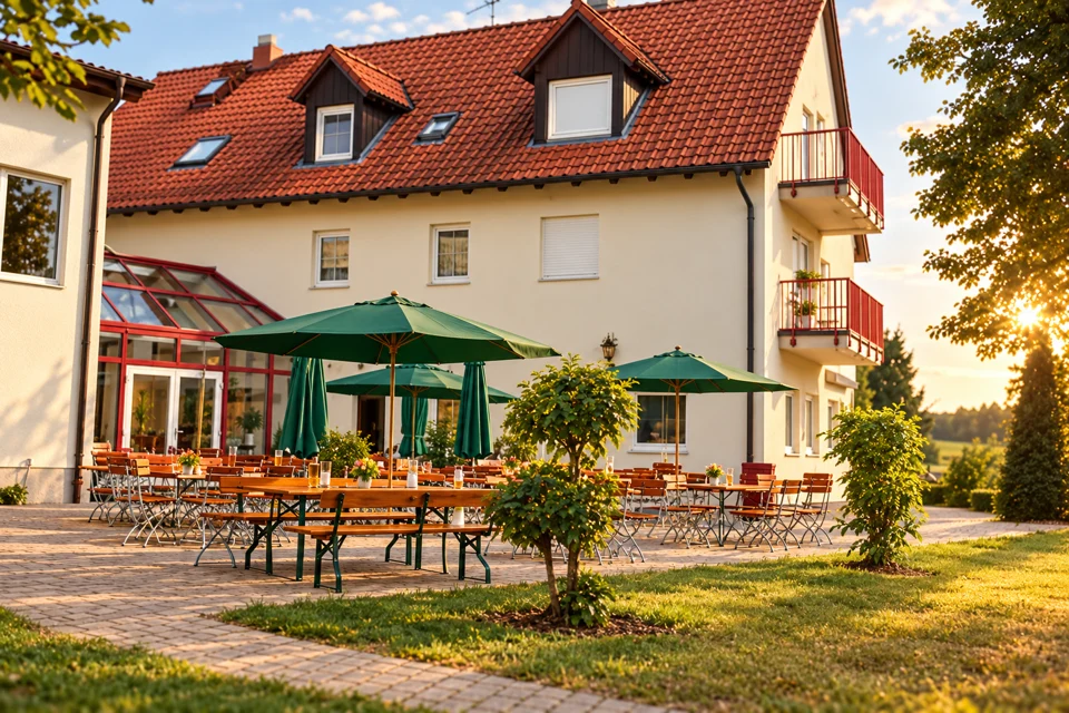 Biergarten mit Holzbänken und grünen Sonnenschirmen vor dem Vereinsgebäude