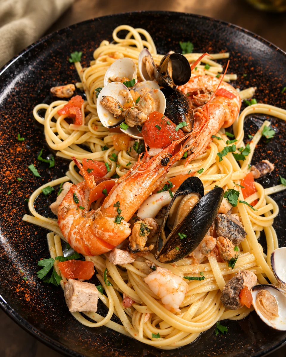 Pasta mit Garnelen und Muscheln auf einem schwarzen Teller