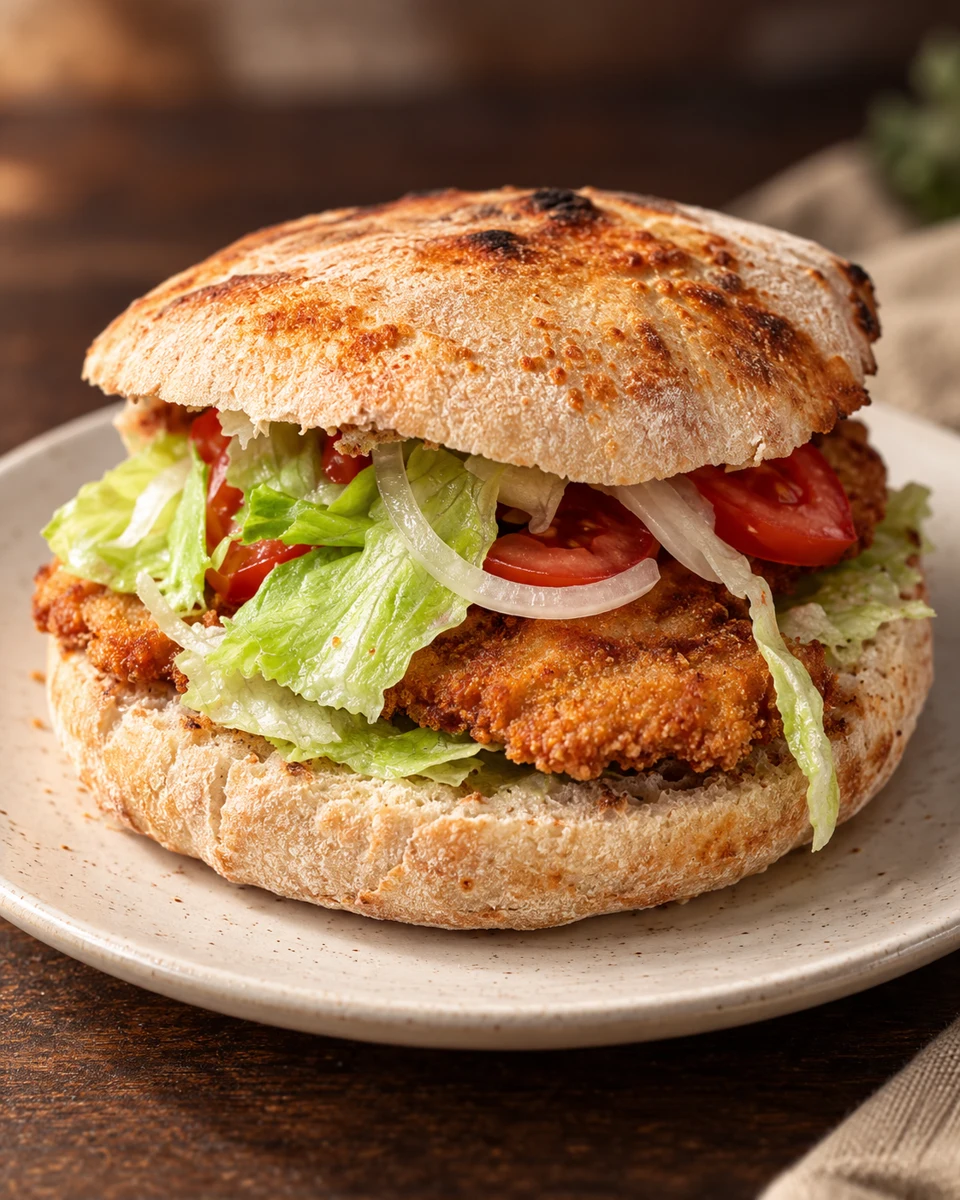 Schnitzel-Sandwich im Pizzabrot mit Salat, Tomate und Zwiebeln